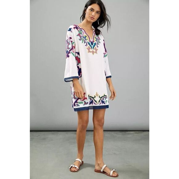 Anthropologie Maeve Olympia Dress XS Embroidered Cotton Linen Tunic Boho Resort - Picture 4 of 16